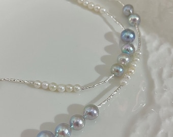 Mixing Color!9mm Round Akoya Blue White Pearl Necklace, Japanese Natural Saltwater Pearl Sterling Silver,Iridescent Luster,Anniversarygift