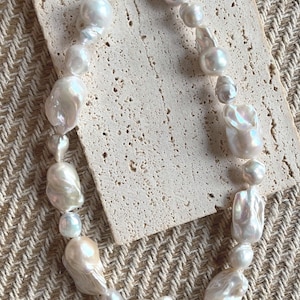 Large Baroque Pearl Necklace, White Pearl Statement Necklace, Big Fireball Pearl Necklace, Gold Silver Baroque Pearl Choker,Anniversary Gift