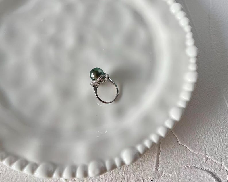 11 mm Tahiti Meerwasser schwarze Perle Ring, Sterling Silber natürliche schwarze Perle Ring einstellbar, Zirkon Ring, Salzwasser Perle Pfau Glanz Bild 6