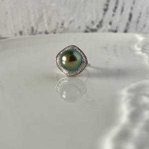 11 mm Tahiti Meerwasser schwarze Perle Ring, Sterling Silber natürliche schwarze Perle Ring einstellbar, Zirkon Ring, Salzwasser Perle Pfau Glanz 11mm