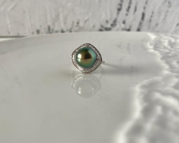 11mm Tahitian Seawater Black Pearl Ring, Sterling Silver Natural Black Pearl Ring Adjustable,Zircon Ring, Saltwater Pearl Peacock Luster
