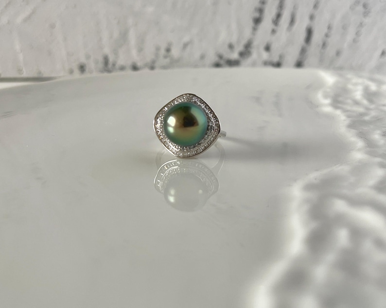 11 mm Tahiti Meerwasser schwarze Perle Ring, Sterling Silber natürliche schwarze Perle Ring einstellbar, Zirkon Ring, Salzwasser Perle Pfau Glanz 11mm