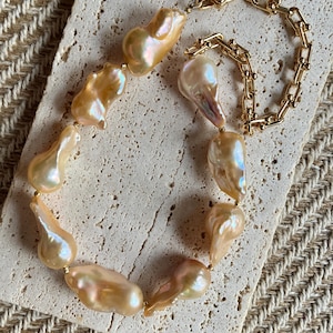 Large Freshwater Baroque Pearl Choker, Gold Half Pearl Half Chain Necklace, Charm Choker, Toggle Necklace, Gift For Her, Wedding Bridal Gift