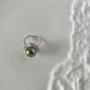 11 mm Tahiti Meerwasser schwarze Perle Ring, Sterling Silber natürliche schwarze Perle Ring einstellbar, Zirkon Ring, Salzwasser Perle Pfau Glanz Bild 5