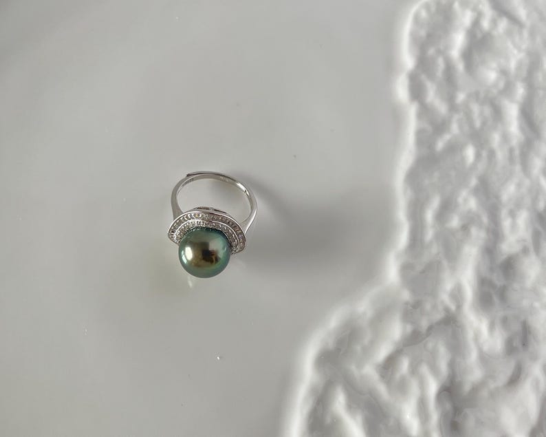 11 mm Tahiti Meerwasser schwarze Perle Ring, Sterling Silber natürliche schwarze Perle Ring einstellbar, Zirkon Ring, Salzwasser Perle Pfau Glanz Bild 5
