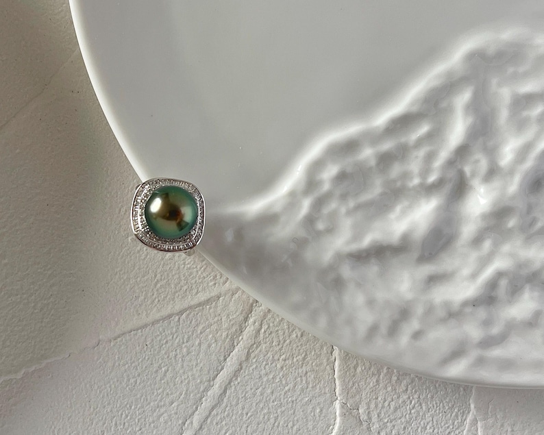 11 mm Tahiti Meerwasser schwarze Perle Ring, Sterling Silber natürliche schwarze Perle Ring einstellbar, Zirkon Ring, Salzwasser Perle Pfau Glanz Bild 3