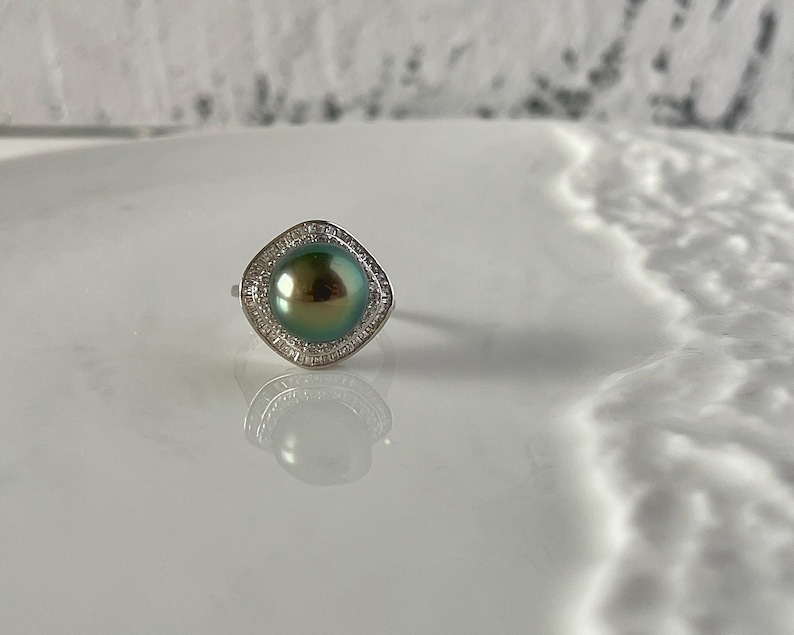 11 mm Tahiti Meerwasser schwarze Perle Ring, Sterling Silber natürliche schwarze Perle Ring einstellbar, Zirkon Ring, Salzwasser Perle Pfau Glanz Bild 2