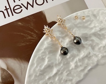 14k Gold Diamant Tahiti Schwarz Perle Tropfen Ohrring, echte Meerwasser Perle baumelnde Ohrringe, minimalistische Ohrringe, Perlen Geschenk für Mama