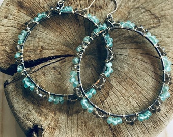 Hand Forged Sterling Silver Beaded Gemstone Hoops