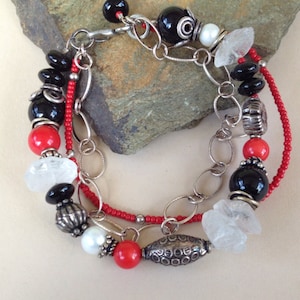 Onyx, Coral and Hammered Quartz Bracelet-Go Dawgs, A Georgia Bulldog Classic