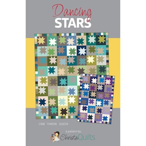 May include: A quilt pattern titled Dancing Stars by ChristaQuilts featuring two variations of a star-themed quilt design. The larger quilt displays green, blue, and tan star blocks, while the smaller quilt shows purple, blue, and white star blocks.
