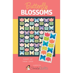 May include: A quilt pattern titled Butterfly Blossoms by ChristaQuilts featuring a grid of colorful butterflies and tulips on a dark background, with a smaller vertical strip showing a similar design in vibrant blue, orange, and green colors.