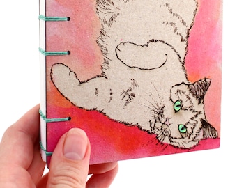 Pink Cat Journal - Lay Flat Journal - Unlined Journal - Coptic Stitch - 160 Pages - handmade by Ruth Bleakley