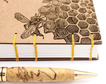 Honeybee Journal, Beekeeper Gift - Coptic Journal - Lay Flat Journal - Unlined Journal - 160 Pages - handmade by Ruth Bleakley