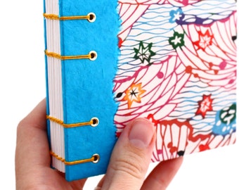 Unlined Journal - Lay Flat Journal - Blue and Red Japanese Katazome Paper - handmade by Ruth Bleakley- 160 pages