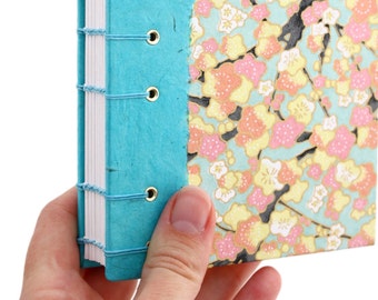 Lay Flat Journal - Unlined Journal - Blue and Pink Cherry Blossoms - Japanese Chiyogami Paper - 160 Pages - handmade by Ruth Bleakley