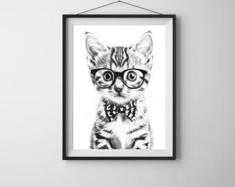 Impressão artística de gato preto e branco: gatinho malhado intelectual (download digital)