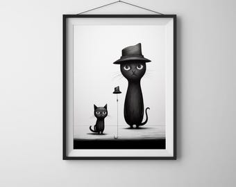 Arte de gato estilosa | Ilustração de gato peculiar | Decoração de arte de parede de gato | Gatos usando chapéu | Pôster de gato para impressão | Download digital de gato | Gatos fofos