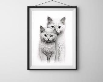 Impressão artística de gatinhos: gatos fofinhos em preto e branco (download digital)