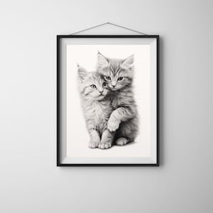 Cuddling Kittens Print: Heartwarming Black and White Cat Art (Digital Download)
