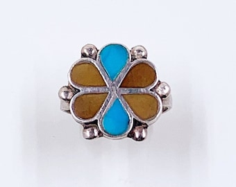 Vintage Silver Flower Inlay Ring | Southwest Multi-Stone Inlay Ring | Size 7