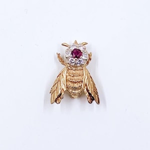 May include: A gold bee brooch with a red ruby center and clear rhinestones.