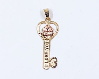 Estate 14k I Love You Heart and Flower Key Charm, 14K Two Tone Charm