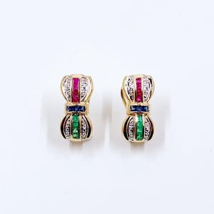 Vintage 14K Gold Ruby, Sapphire, Emerald and Diamond Bow Omega Back Earrings