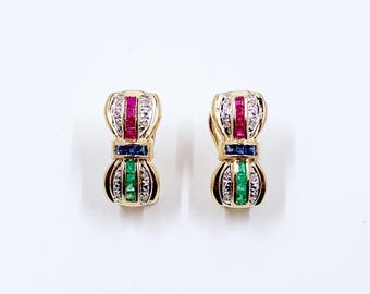 Vintage 14K Gold Ruby, Sapphire, Emerald and Diamond Bow Omega Back Earrings