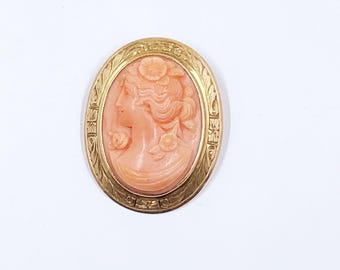 Estate 14k Carved Coral Cameo Brooch and Pendant