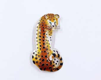 Vintage Silver Enamel Cheetah Brooch | Handmade Enamel Cheetah Pin | Safari Animal Brooch