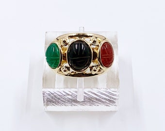 Vintage 14k Gold Three Stone Scarab Ring | Scarab Statement Ring | Carved Scarab Ring | Size 7/14 Ring