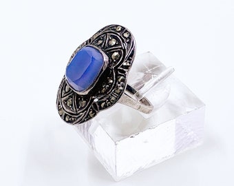 Vintage German Art Deco Marcasite Silver Ring | Sterling Blue Stone Ring | Size 5 1/2