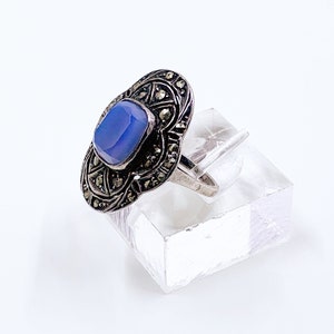 Vintage alemán Art Deco marcasita anillo de plata / anillo de piedra azul esterlina / tamaño 5 1/2