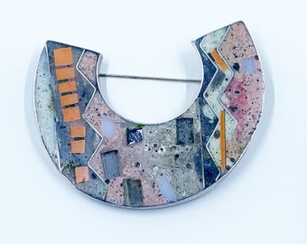 Vintage Silver Modernist Cloisonne Brooch | Abstract Inlay | Geometric Brooch