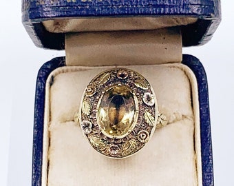 Antique Victorian 14k Collet Set Floral Ring, US Size 5 1/2