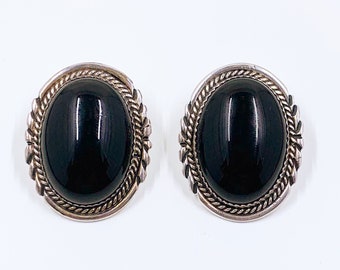 Vintage Silver Large Oval Onyx Earrings | Signed L. Spencer Native American Onyx Earrings | Black Onyx Large Studs