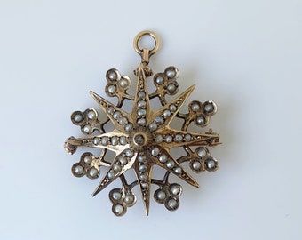 Victorian Seed Pearl Star Brooch | Gold Clover and Star Brooch