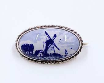 Vintage Delft Windmill Brooch | Delft Blue Porcelain Pin