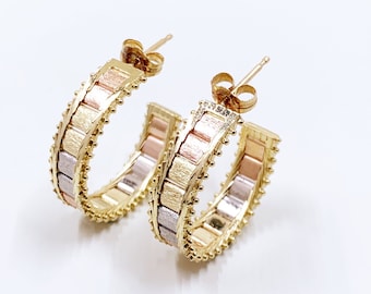 Vintage 14K Tri Color Gold Hoops | 14K Gold Tri Tone Hoop Earrings