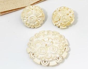 Vintage Meerschaum Flower Brooch and Earrings | Izmir Turkey | Meerschaum Jewelry Set