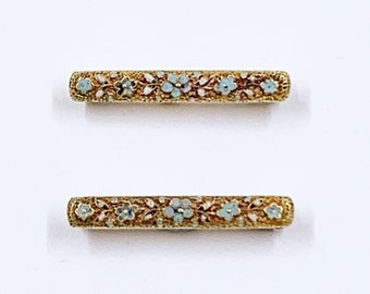 Vintage Krementz 14K Floral Enamel Lingerie Pins | Set of 2 | Forget Me Knot Flowers | Blue and White Floral Enamel