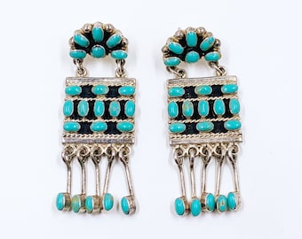 Vintage Zuni Turquoise Petit Point Chandelier Earrings | Southwest Turquoise Dangle Earrings | Petit Point Earrings