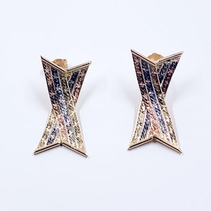Vintage 14K Gold Tri-Color Herringbone Earrings, 14K Tri-Tone Gold Earrings