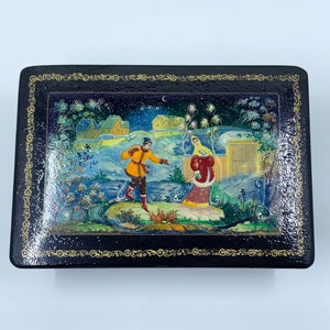 Vintage Russian Lacquer Box, Miniature Hand Painted Box, 1970&#39;s USSR Lacquer Box, Maiden Fairy Tale Scene