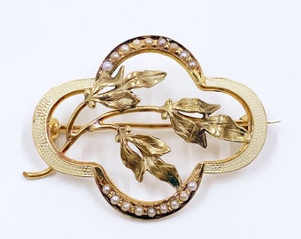 Art Nouveau 10k Floral Seed Pearl and Enamel Brooch