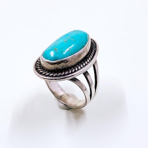 Bague vintage turquoise en argent sterling, signée P.Y. Bague Cortez H, taille 6,25