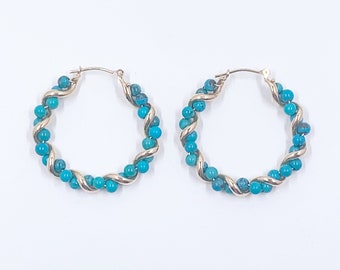 Estate 14K Gold Blue Bead Twisted Hoop Earrings