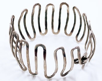 Vintage Silver Modernist Hammered Wave Bracelet | Modernist Zig Zag Open Work Bracelet