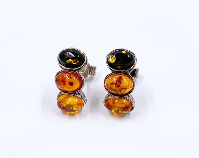 Vintage Silver Multicolored Amber Earrings | Vintage Baltic Amber Studs